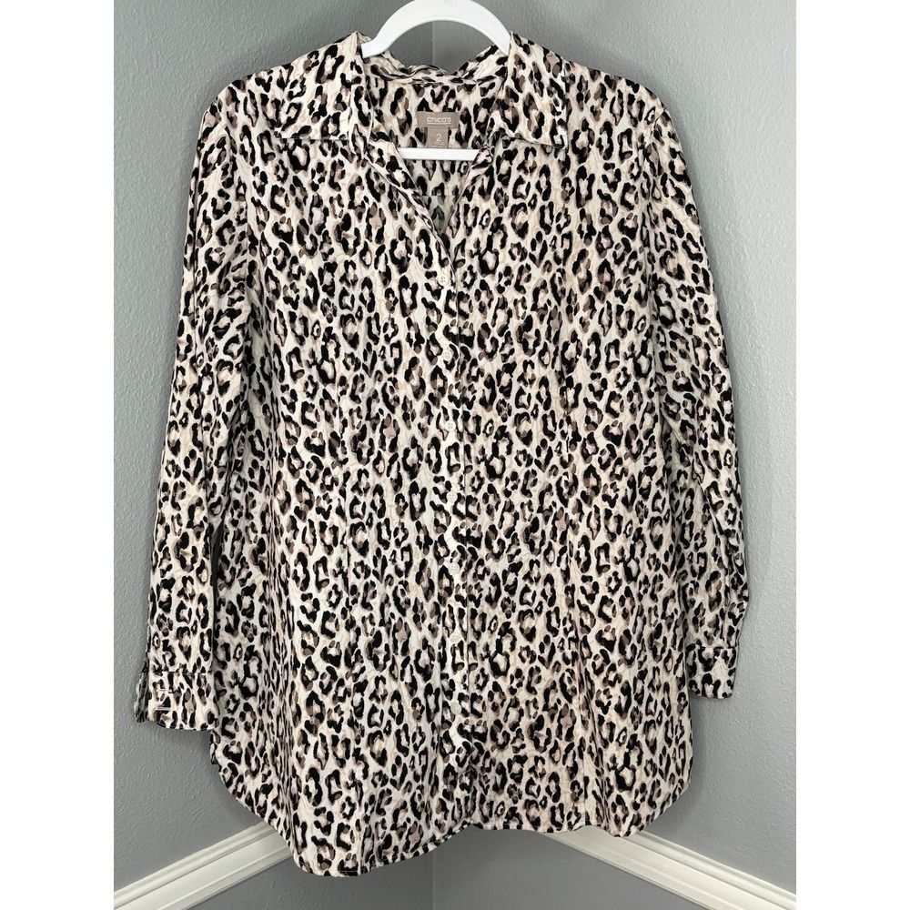CHICO'S ANIMAL PRINT COOL CRISP BUTTON FRONT FITTED CASUAL EVERYDAY SHIRT LARGE